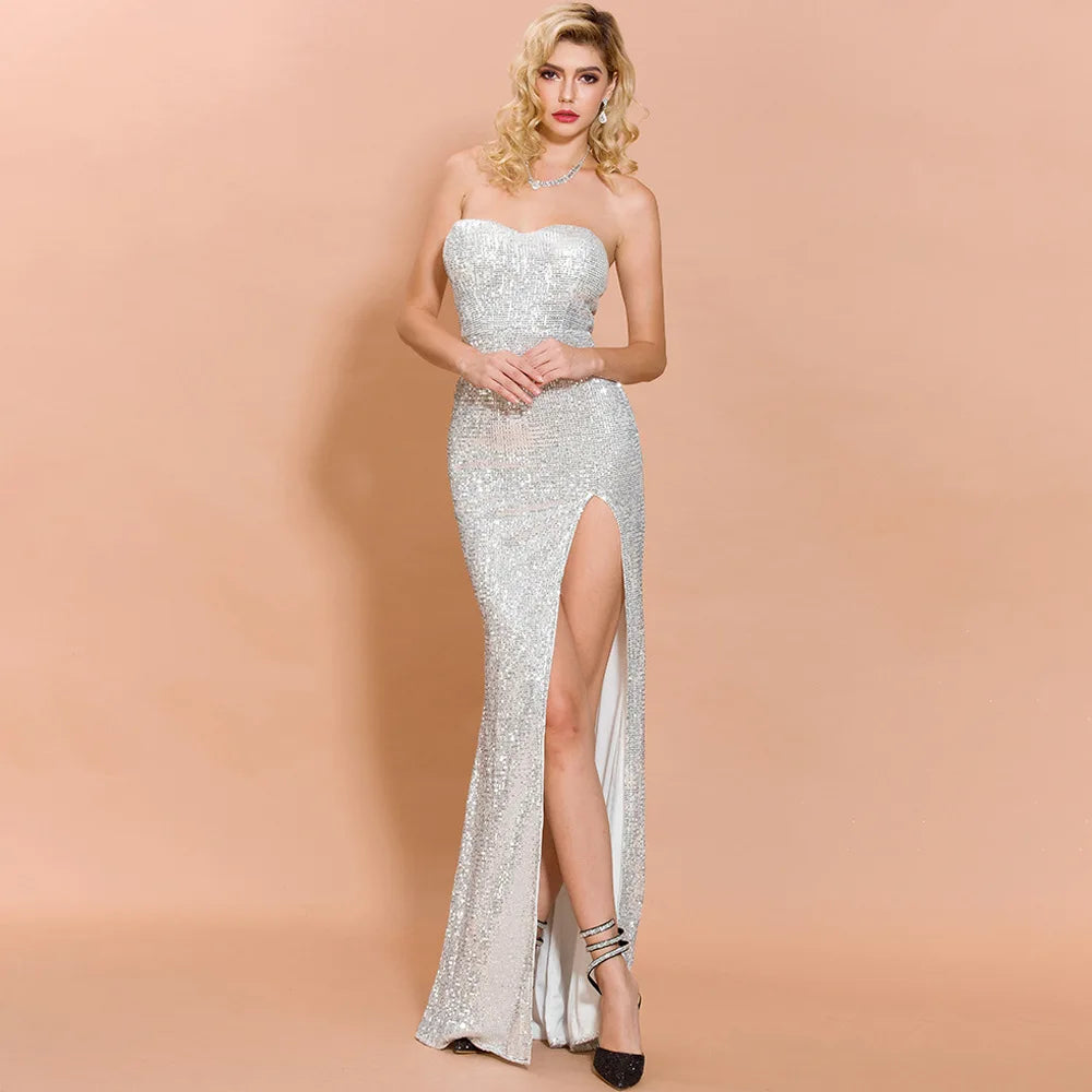 Vestido de Festa Longo com Lantejoulas – Tomara que Caia com Fenda Elegant