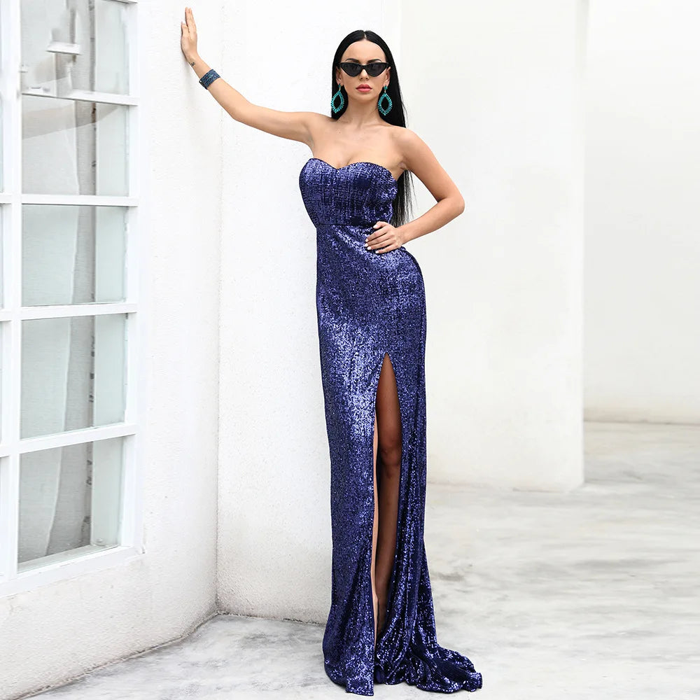 Vestido de Festa Longo com Lantejoulas – Tomara que Caia com Fenda Elegant