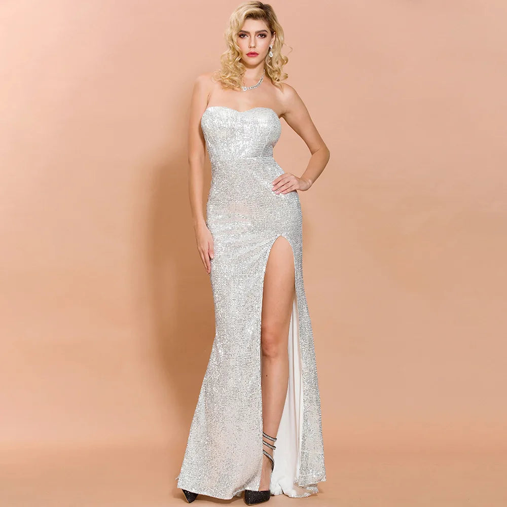Vestido de Festa Longo com Lantejoulas – Tomara que Caia com Fenda Elegant