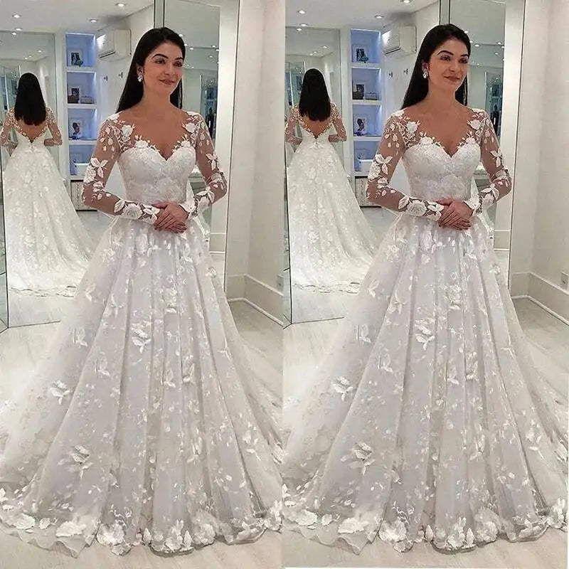 Vestido de Noiva em Renda Manga Longa – Corte Princesa Elegante