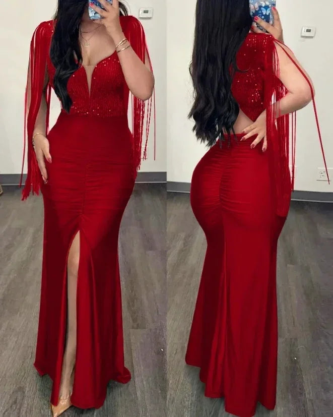 Vestido Longo Glamour Vermelho com Fenda.